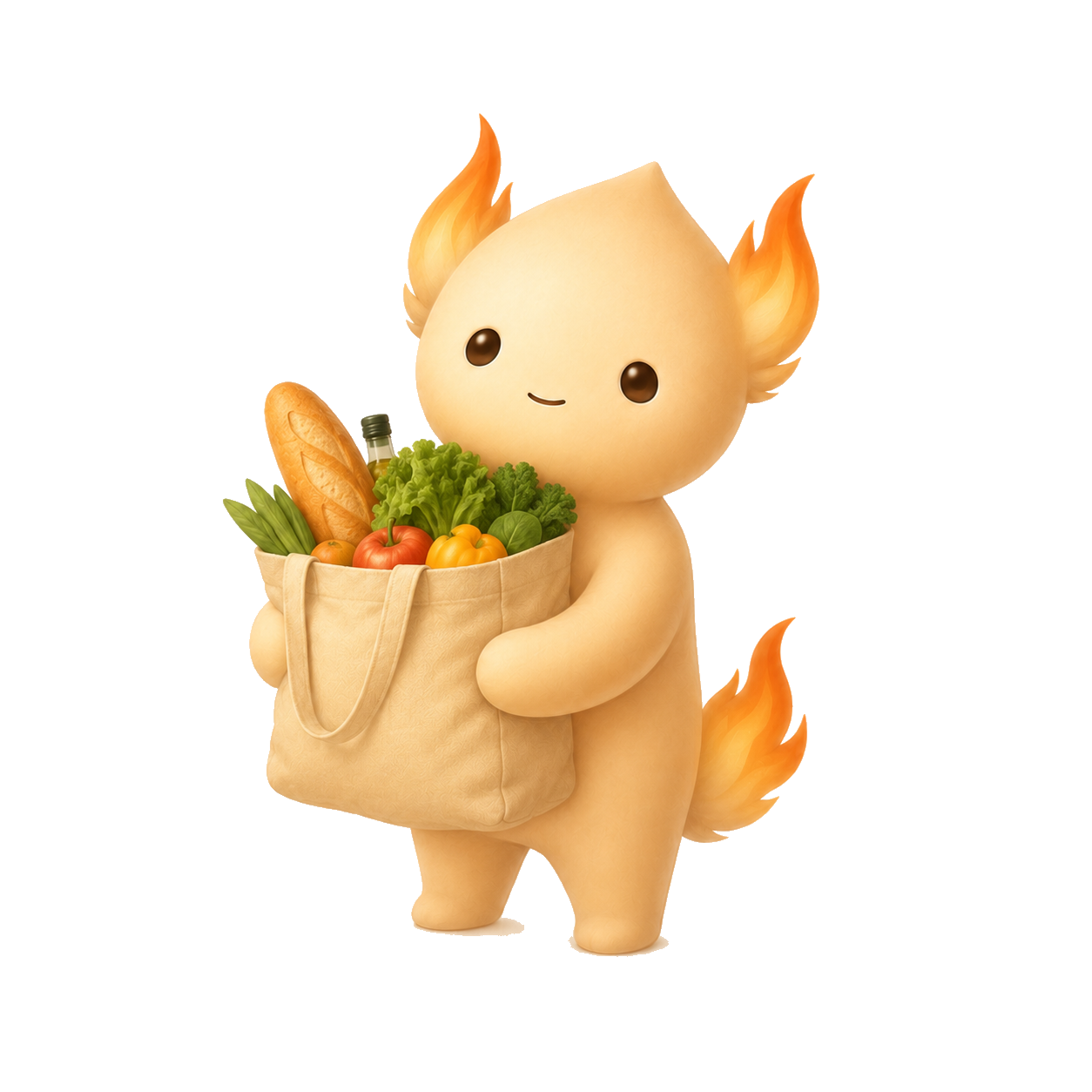 Tumsy, the mascot, with a grocery bag