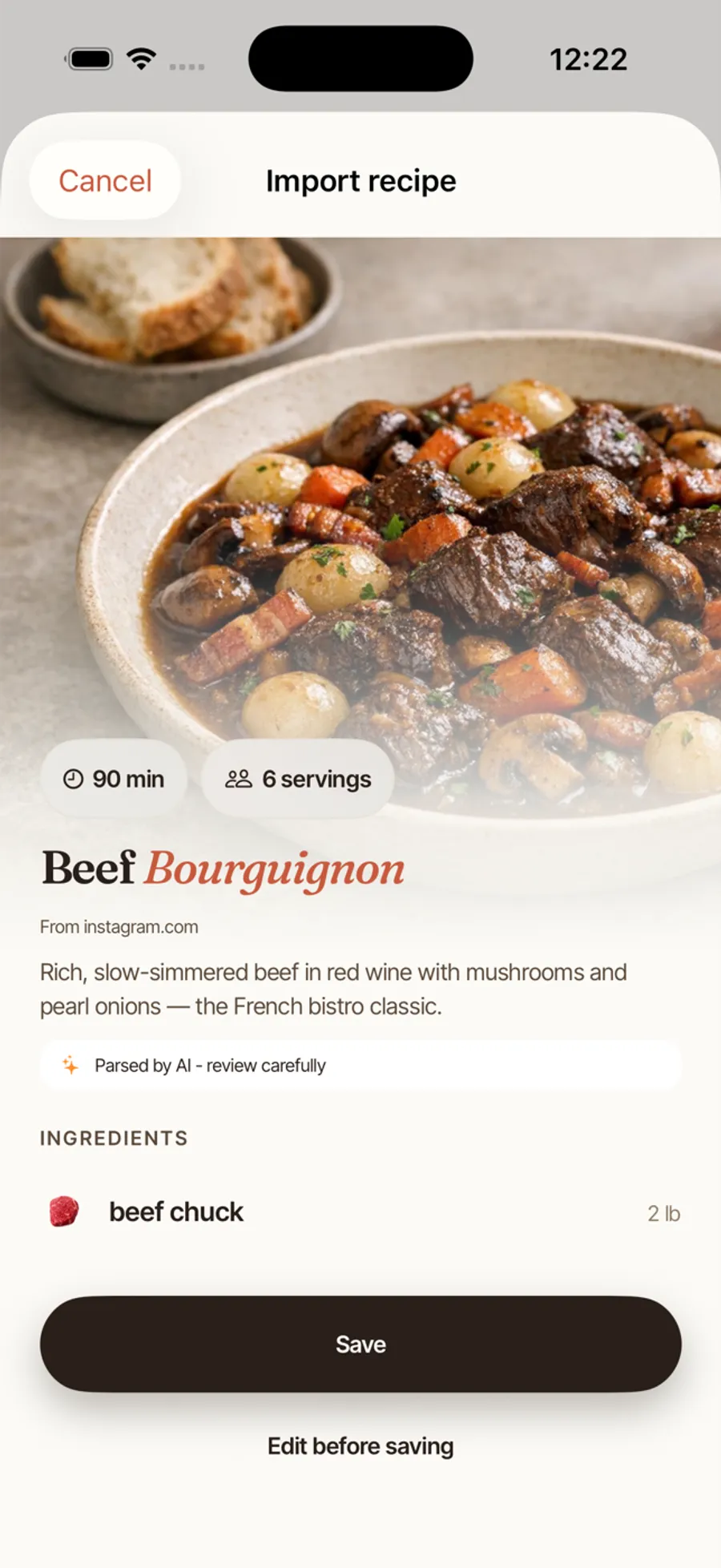 AI-parsed recipe preview ready to save