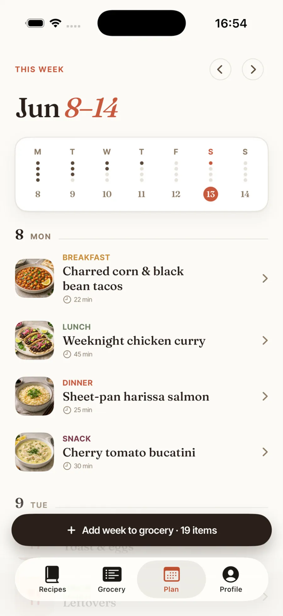 A week of meals planned in Tumsy