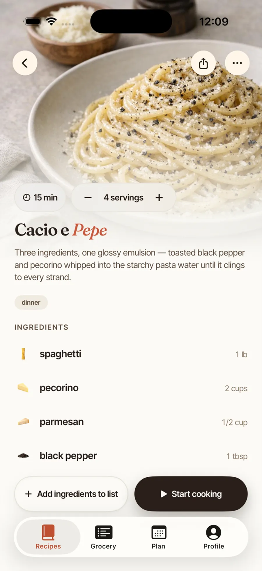 A recipe detail page in Tumsy